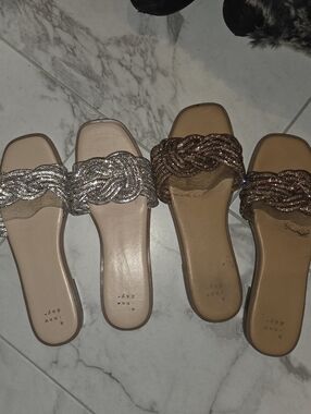 Rhinestone Braided Slide Sandals - Silver and Bronze Size 8 & 8.5